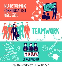Teamwork banners horizontal set with brainstorming communication discussion sketch elements isolated vector illustration