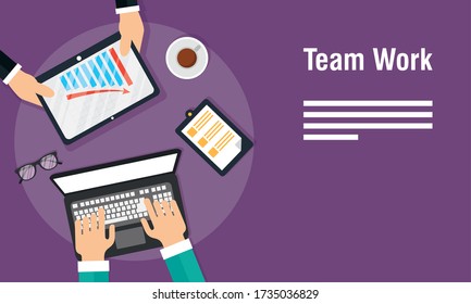 teamwork banners with laptop and tablet vector illustration design