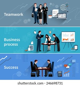 Teamwork banners set with business process and success elements isolated vector illustration