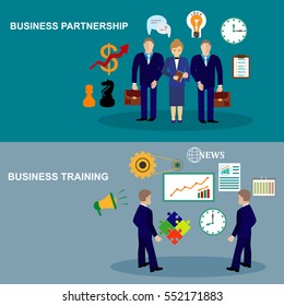 Teamwork banners set with business process and analysis elements isolated illustration