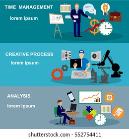 Teamwork banners set with business process and analysis elements isolated illustration