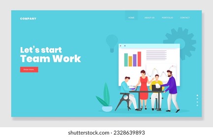 Teamwork Based Landing Page Design, Illustration of Business People Working Together at Workplace and Infographic Presentation.