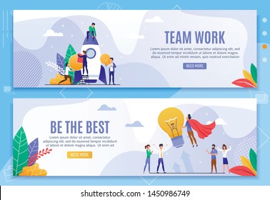 Teamwork and Be Best Motivational Banner Set. Target Achievement, Strategy Analysis, Office Staff Generate Idea Standing by Startup Rocket. Team Leader Hero Flying up with Bulb. Vector Illustration