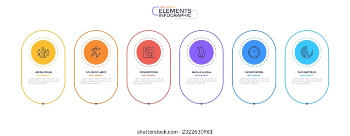 Teamwork benefits for company vector infographic elements. Thin line circular frames with text box and icons. 6 rounded shapes for instructional graphics. Visual data presentation components