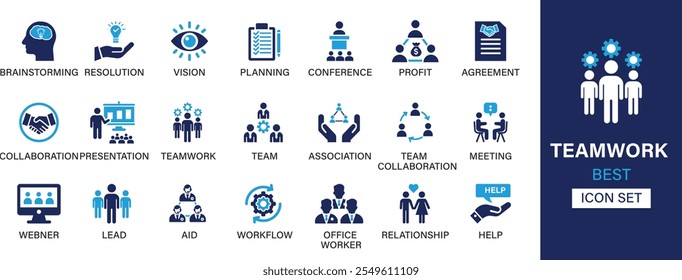 Teamwork best solid icon set collection. Brainstorming, resolution, vision, planning, conference, profit, agreement, collaboration, presentation, teamwork, association and vector illustration.