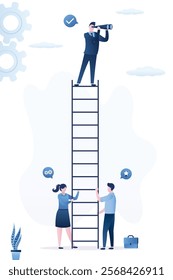 Teamwork for better vision and best solutions. Team holding the ladder and leader looks through spyglass. Business vision, company development strategy. Boss searching new opportunities and goals.