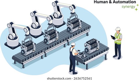 Teamwork between human workers and robotic arms in an industrial assembly line showcasing automation and precision in quality control operations cartoon