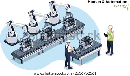 Teamwork between human workers and robotic arms in an industrial assembly line showcasing automation and precision in quality control operations cartoon