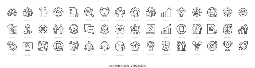 Teamwork big icon set. Leader, vision, optimization, business, team, target, strategy, growth, brainstorm, career, development, success, goal, meeting, goal, etc. Vector illustration. Editable stroke.