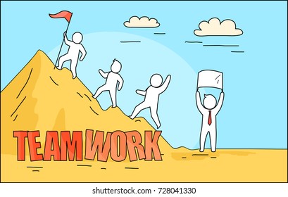 Teamwork big image of people climbing on mountain, person on top of it with red ribbon and man on ground with placard vector illustration