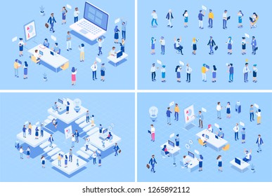 Teamwork Big Vector Set. Isometric Office People. Office Workspace With People Working Together. Flat Vector Illustration.	