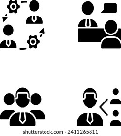 Teamwork black glyph icons set on white space. Onboarding process. Job interview. Referral program. Company staff. Silhouette symbols. Solid pictogram pack. Vector isolated illustration