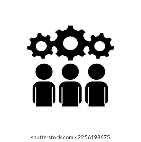 Teamwork black icon. Colleagues and partners, collaboration and cooperation. Men under gears and coghweels, metaphor for efficient workflow. Cartoon flat vector illustration