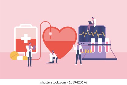 teamwork for blood donor concept vector illustration, people work for blood donation with pills, medicine, heart and tube, can be use for web, poster, banner