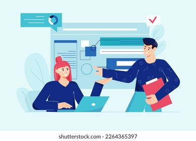 Concepto azul de trabajo en equipo con escena de personas en el estilo de dibujos planos. Dos empleados trabajan juntos en la oficina. Ilustración vectorial.