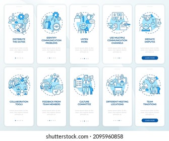 Teamwork blue onboarding mobile app screen set. Effective team walkthrough 5 steps graphic instructions pages with linear concepts. UI, UX, GUI template. Myriad Pro-Bold, Regular fonts used