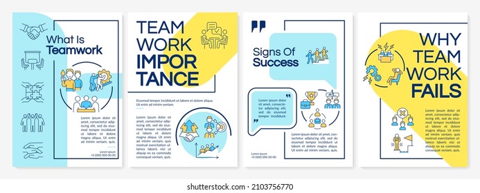 Teamwork blue and yellow brochure template. Failure and rise. Booklet print design with linear icons. Vector layouts for presentation, annual reports, ads. Questrial-Regular, Lato-Regular fonts used