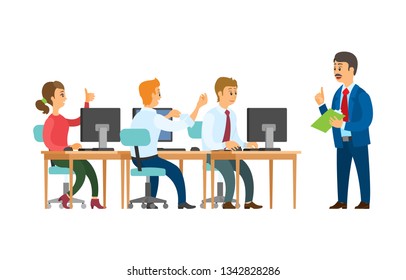 Teamwork, boss and employees, giving orders and working with computers vector. Man with notepad and clerks making annual report, isolated characters