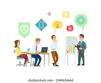 Teamwork, boss and employees with graphic presentation vector. Men and women, office workers and laptop, business project and work strategy, progress