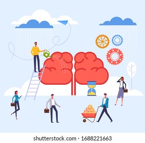 Teamwork brain idea management light bulb development concept. Vector flat graphic design cartoon illustration