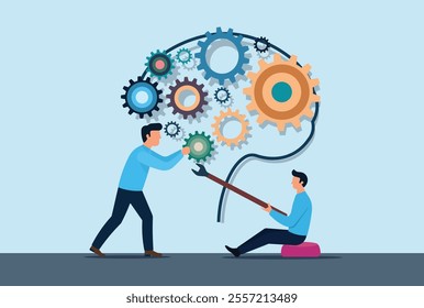 Teamwork brain intelligence concept, collaboration to adjust creativity, improve thinking, enhance learning, and develop ideas. Perfect for education, business, psychology, tech, and engineering theme