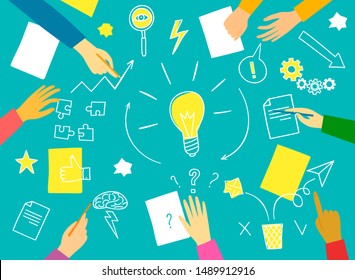 Teamwork and brainstorm banner with people's hands and doodle symbols set. Cartoon illustration with isolated objects for your design. 