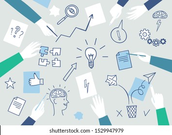 Teamwork and brainstorm banner with people's hands and doodle symbols set. Cartoon illustration with isolated objects for your design. 