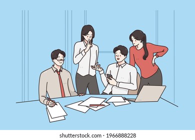 Teamwork, brainstorm, discussion concept. Group of business partners workers colleagues discussing business development strategy in office having brainstorming together vector illustration 