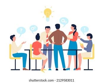 Teamwork and brainstorm. Innovation team office process, people group thinking project and discuss ideas. Career in economic, enterprise recent vector scene