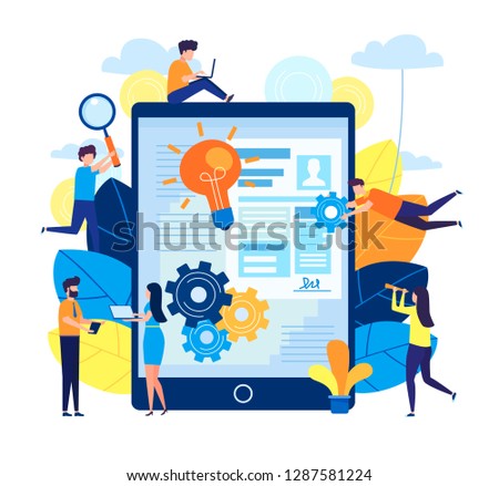 Teamwork, brainstorm in the office. Time is money and success concept. Search for ideas online concept. Flat vector illustration for banners, advertising posters, blogging, small people and tablet