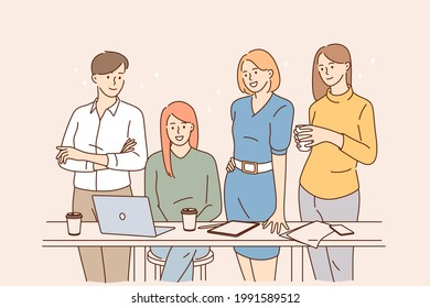 Teamwork, brainstorm, working in office concept. Group of young positive people business partners workers colleagues standing and discussing corporate development in office vector illustration 