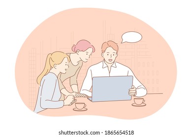 Teamwork, brainstorming, business communication about startup concept. Group of young positive business people coworkers cartoon characters making presentation on laptop and discussing project 