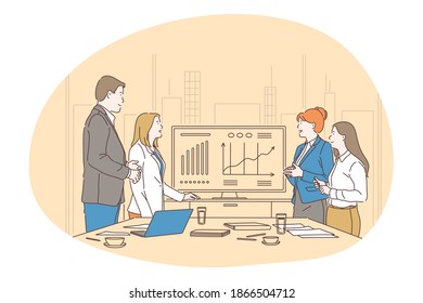Teamwork, brainstorming, business communication about startup concept. Group of positive people business partners discussing financial statistics and marketing strategy in office together