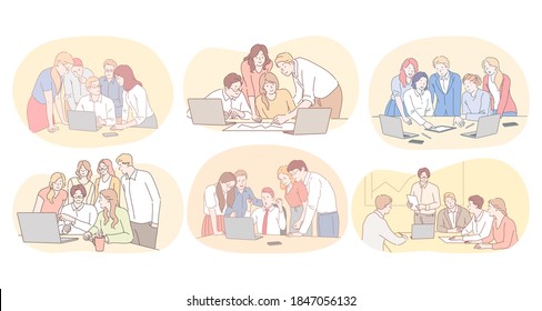 Teamwork, brainstorming, business cooperation, collaboration, successful project concept. Young people office workers discussing projects and working together on startups in business teams 