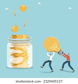 Teamwork and brainstorming for business prosperity, introducing innovation and creative ideas for profit, buying intellectual property, starting a startup, two men carry light bulb to a jar of coins.