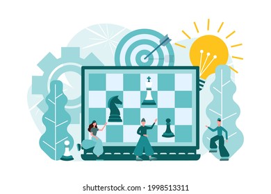 Teamwork, brainstorming, chess game as business strategy Tiny people and chess game online Concept vector illustration