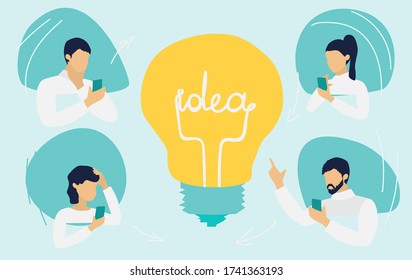 Trabajo en equipo, lluvia de ideas, pensamientos creativos colectivos. Diseño de distanciamiento social. Buscando nuevas ideas soluciones, trabajando juntos. Ilustración vectorial plana.