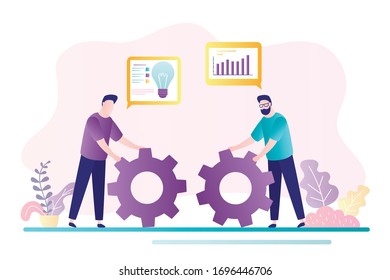 Teamwork, brainstorming concept. New project, office work. Two office workers move big gears. Male employees generate new ideas and plans. Businessmen characters. Trendy vector illustration