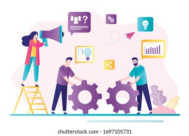 Teamwork, brainstorming concept. New project, office work. Woman boss controlling. Two office workers move big gears. Group of employees generate new ideas and plans. Trendy flat vector illustration