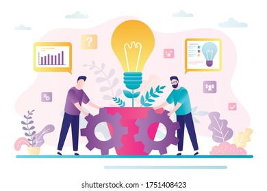 Trabajo en equipo, concepto de lluvia de ideas. Nuevo proyecto, trabajo de oficina. Los trabajadores de oficina se mueven con grandes engranajes. Los empleados masculinos generan nuevas ideas y planes.Personajes de hombres de negocios, negociación exitosa.Ilustración vectorial