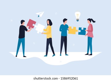 Teamwork and brainstorming concept. Young employees work together on the project, looking for the right solutions for the development and promotion of the business. Flat vector illustration.