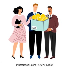Teamwork brainstorming. Different ideas metaphor, business team working results. Creative thinking people, woman and men with light bulbs box vector illustration