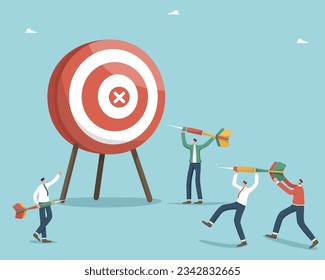 Teamwork and brainstorming to find winning strategy to achieve target, accuracy in setting and planning path to success, successful completion of work tasks, people with darts near board with target.