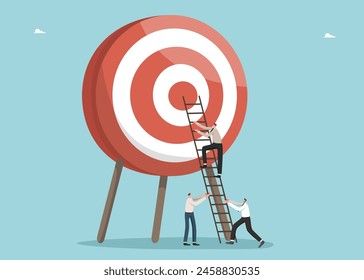 Teamwork and brainstorming to find winning strategy to achieve target, accuracy in setting and planning path, performance and successful completion of tasks, team trying to reach target on dart board.