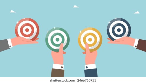 Teamwork and brainstorming to find winning strategy to achieve target, accuracy in setting and planning path, performance and successful completion of tasks, big hands holding dart boards.