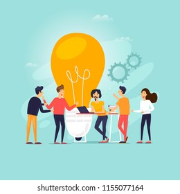 Teamwork, brainstorming, a group of people working together, developing ideas. Flat design vector illustration.