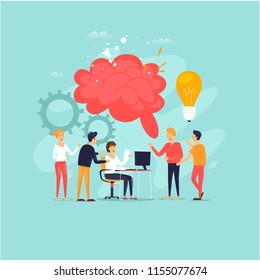Teamwork, brainstorming, a group of people working together, developing ideas. Flat design vector illustration.