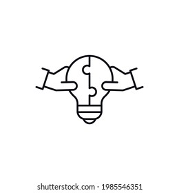 Teamwork and brainstorming icon. Partnership and cooperation symbol. Finding solution concept. Two hands solving lightbulb jigsaw puzzle. Line vector illustration isolated on white background.