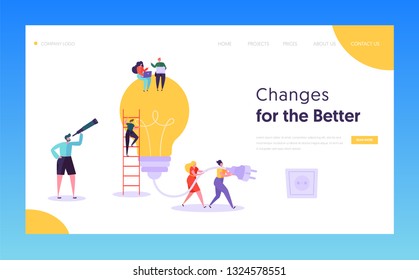 Teamwork Brainstorming Idea Concept Landing Page. Manager Remote Work, Searching for New Idea with Big Light Bulb Lamp, Working Together Company Website or Web Page. Flat Cartoon Vector Illustration