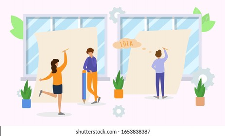 Teamwork brainstorming idea generation concept vector illustration. Creative people group man woman brainstorm work together write draw on paper sheets business art projects analytics strategy plans.